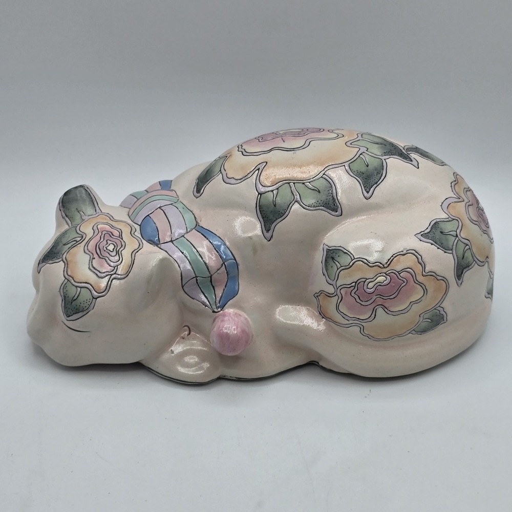 Floral Patterned Sleeping Cat Figurine Decorative Collectible porcelain Vtg